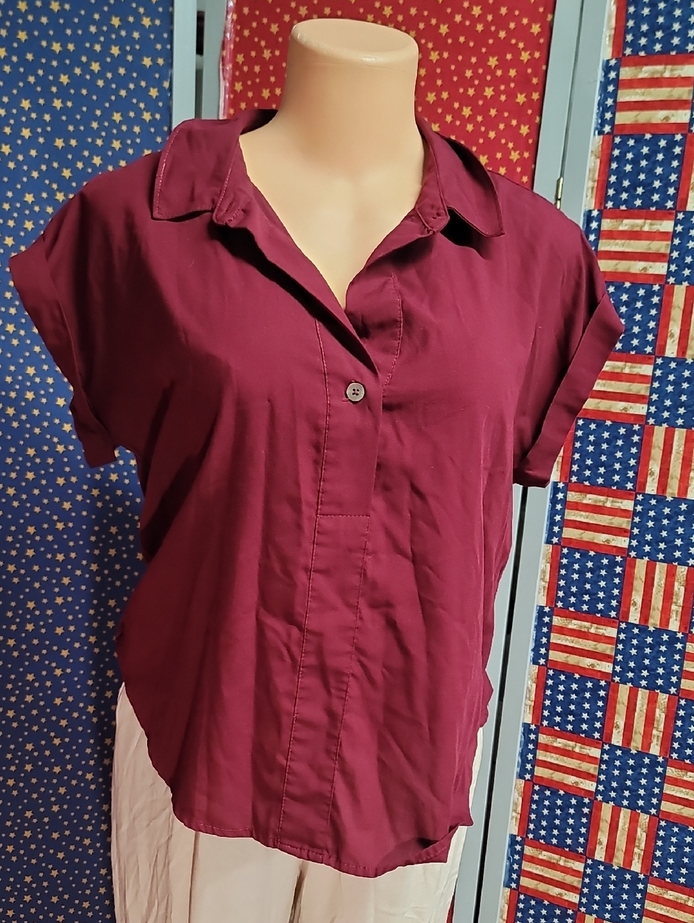 a new day Burgundy Short Sleeve Button-Down Top